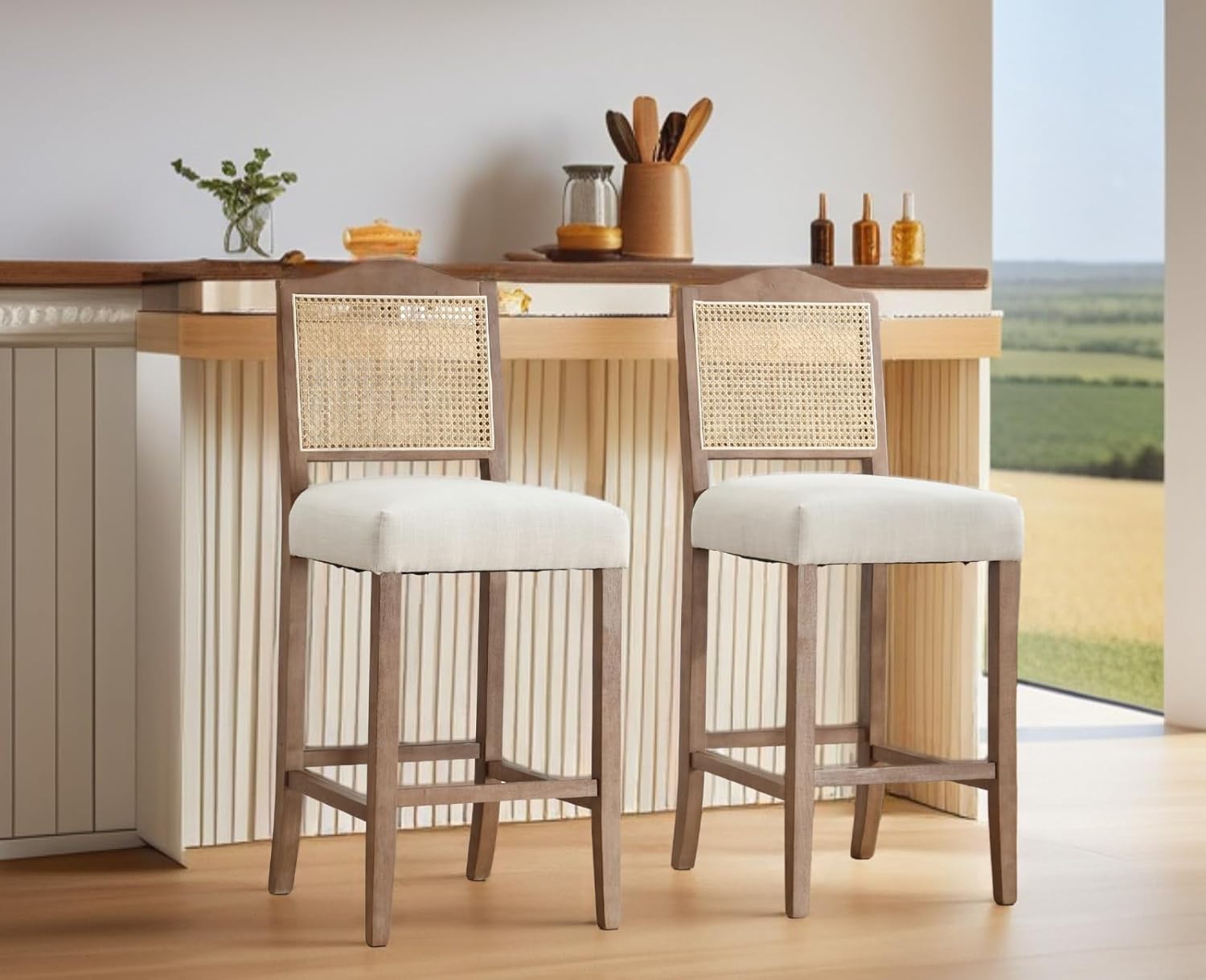 30 Inch Counter Height Stools Set of 2 Rattan Farmhouse Barstools Mid Century Modern Bar Chairs Upholstered Kitchen Bar Stools with Wood Legs for Island/Dining Room, Linen Beige